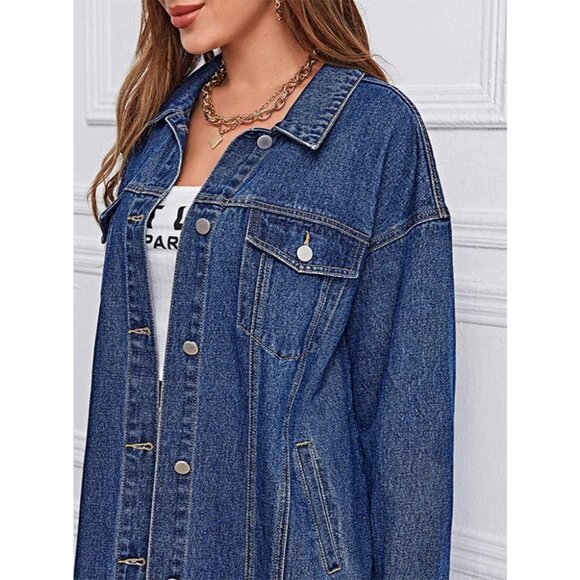 Women's Denim Jacket Long Midi Casual Button Down Trench Coat Blue Medium - Picture 5 of 5